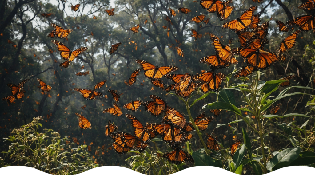 Mariposa Monarca sobrevolando los cielos de los bosques de Michoacán.