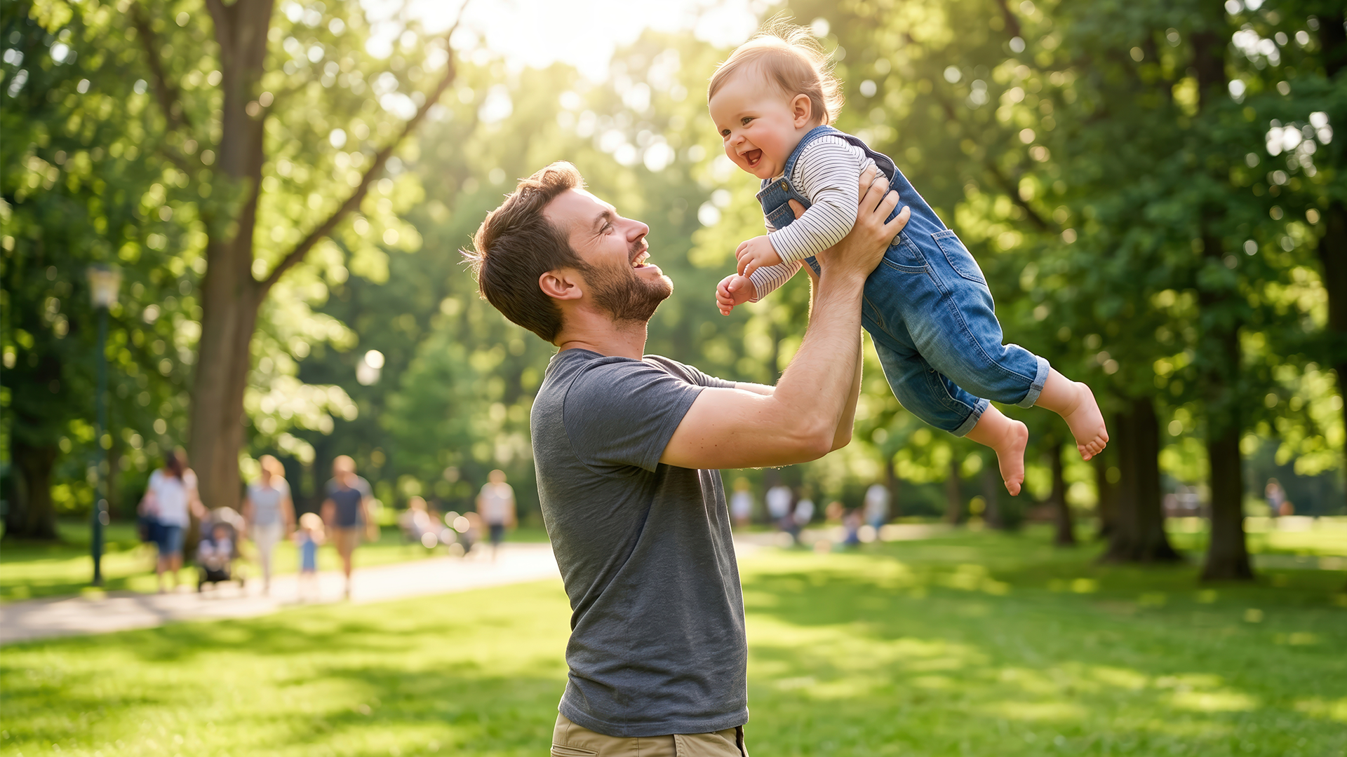 Papá y bebé disfrutando de una rutina al aire libre en el parque, parte de una crianza natural