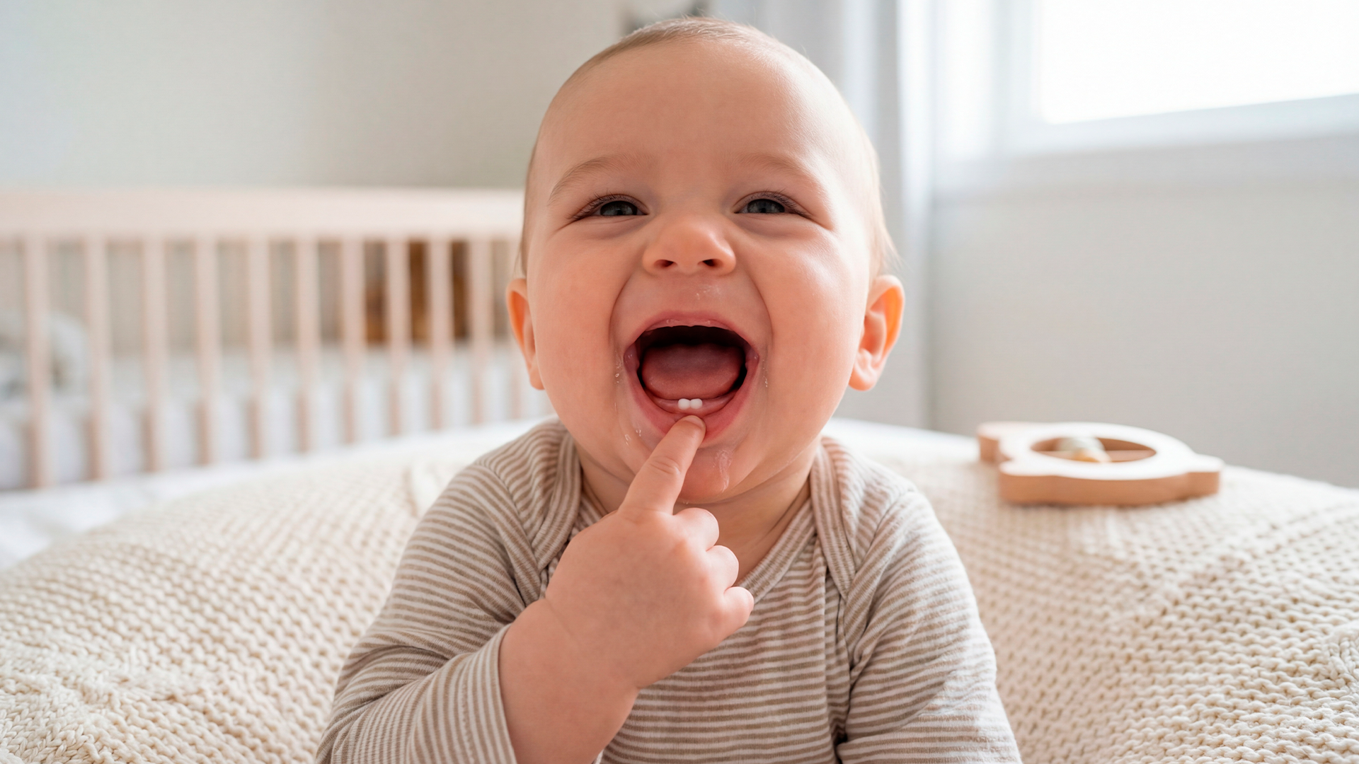 Bebé feliz mostrando la salida de sus primeros dientes de bebé