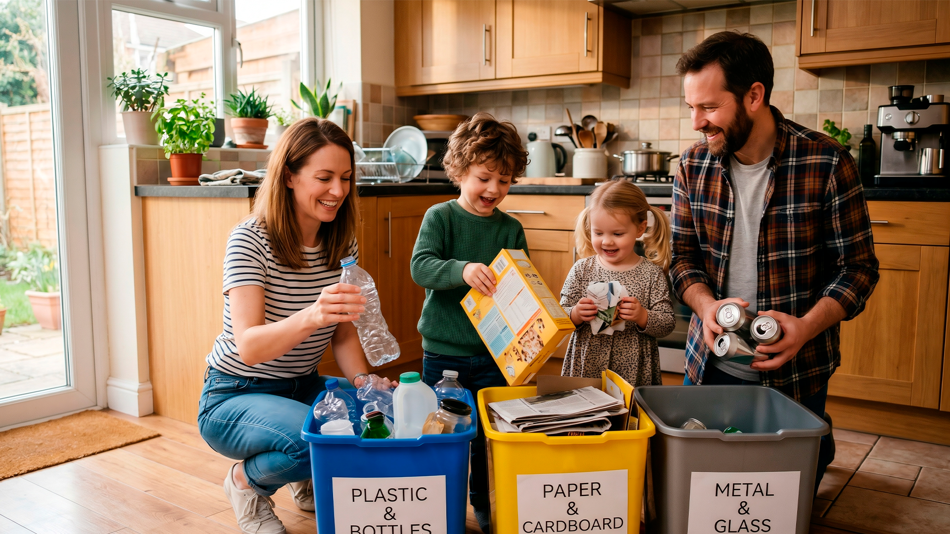 Padres enseñando a sus hijos a separar residuos, un hábito para cuidar el medio ambiente como parte de la comunidad bio.