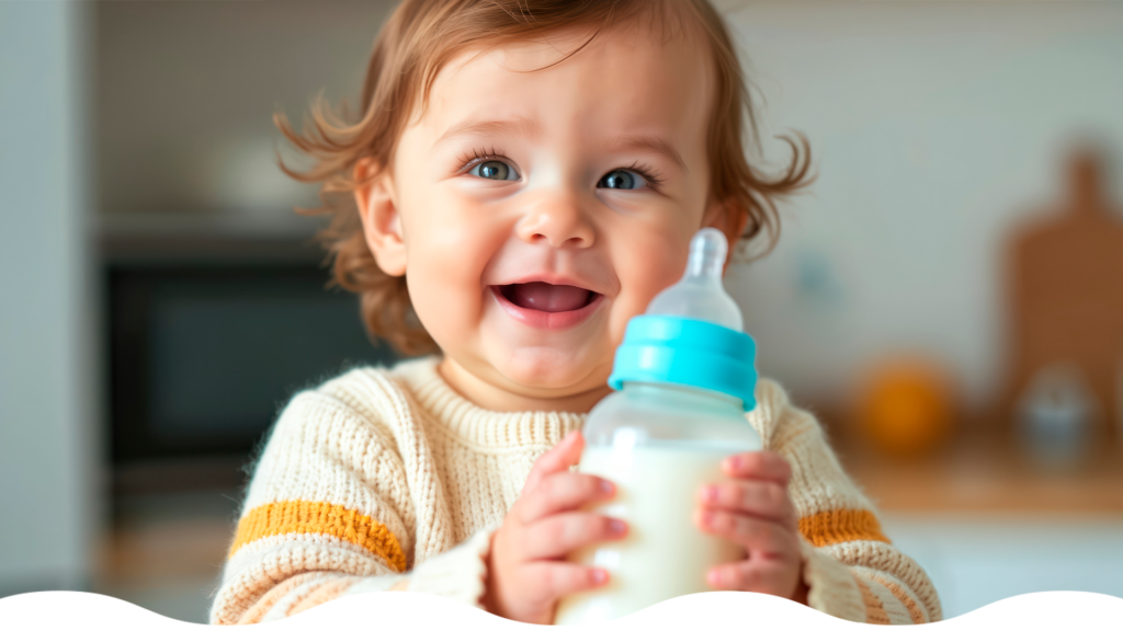 Bebé disfrutando su leche materna en biberón, parte de su alimentación junto con los sólidos.