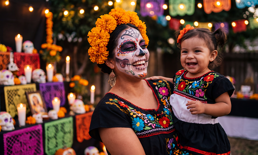 Mamá y su bebé riendo juntos en la celebración de Día de Muertos